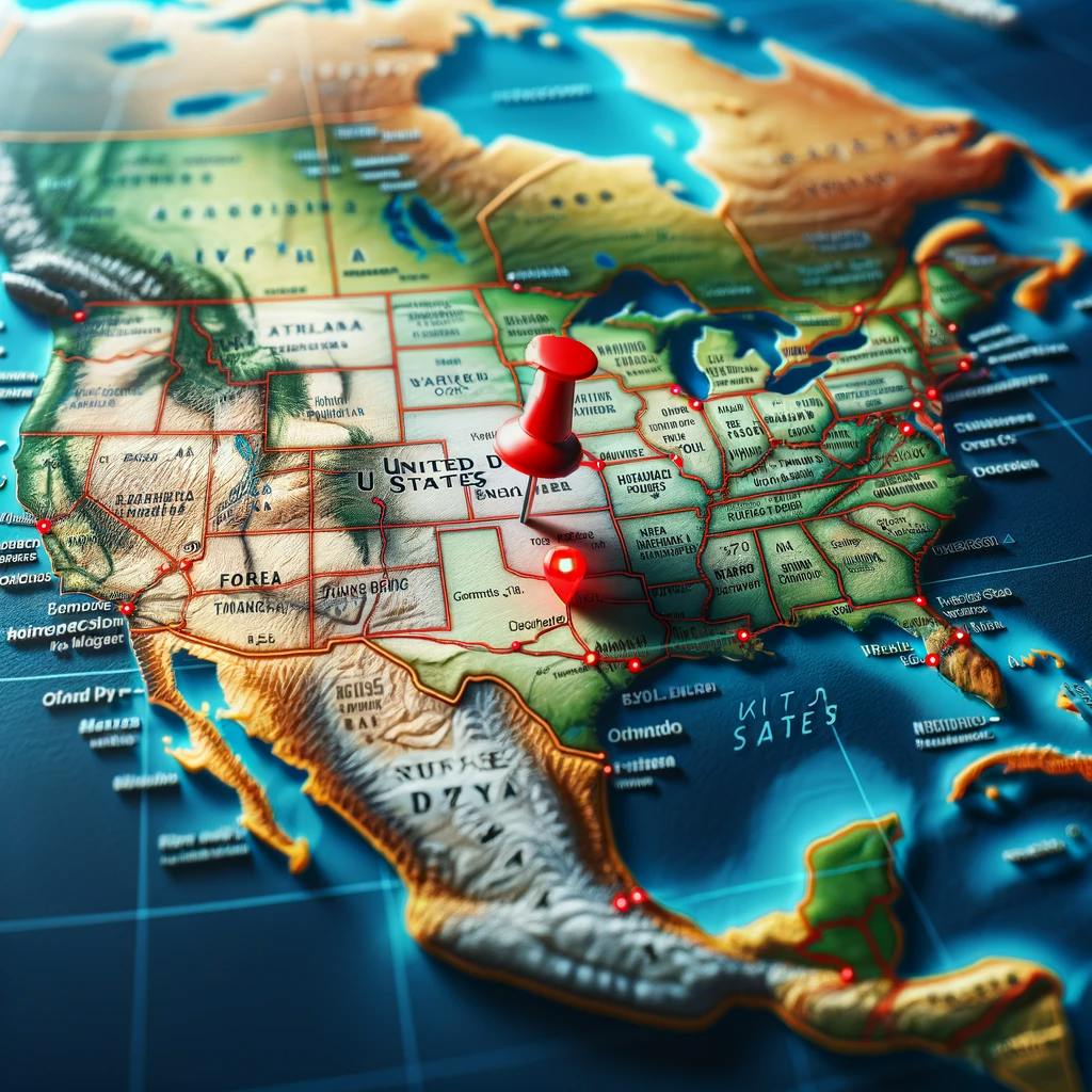 a realistic digital illustration of a US map with a mark indicating a specific address