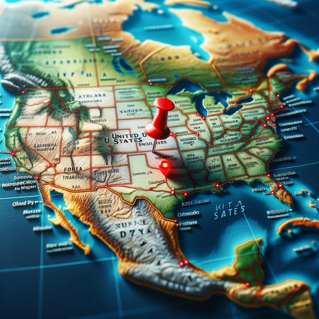 a realistic digital illustration of a US map with a mark indicating a specific address a realistic digital illustration of a US map with a mark indicating a specific address