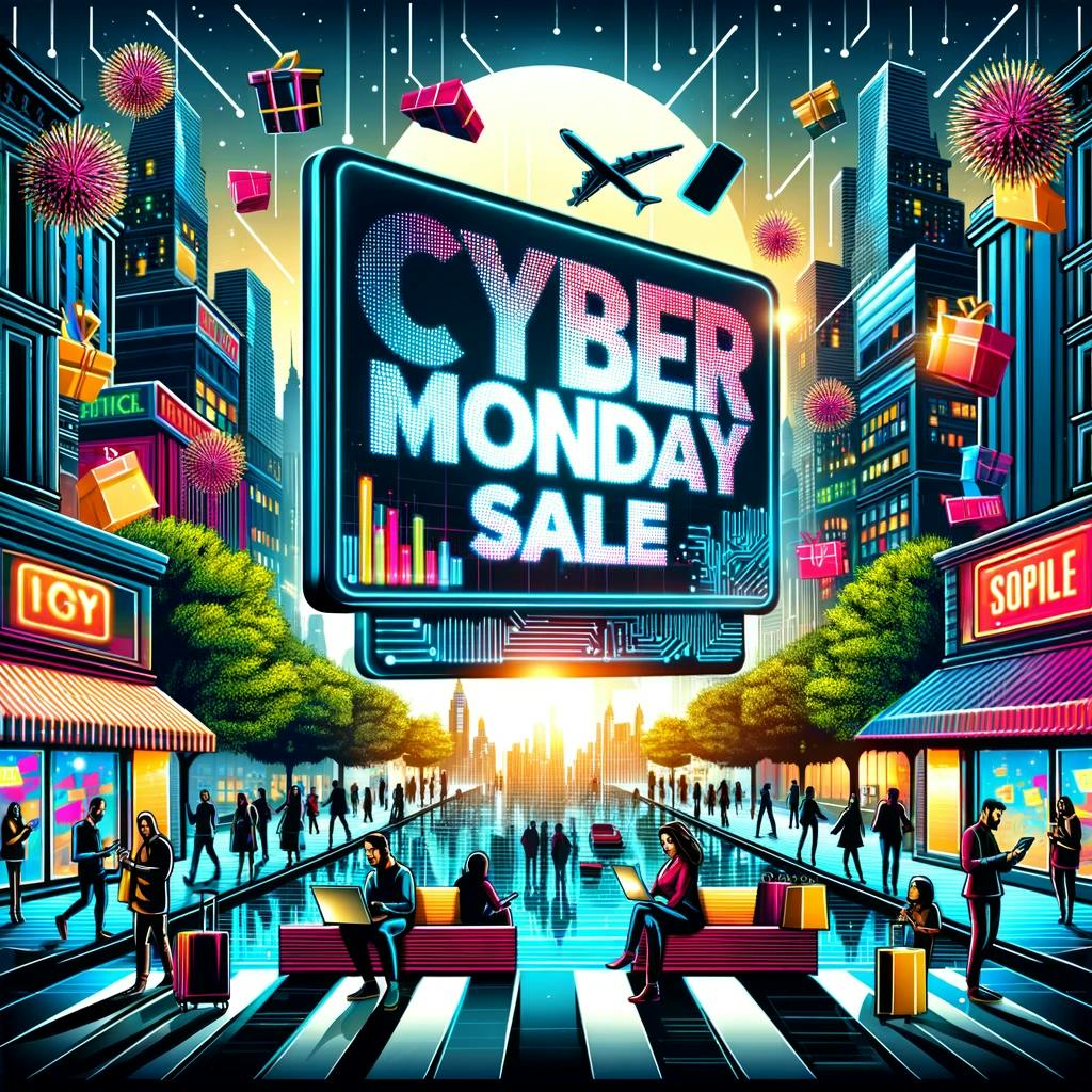 depicting the vibrant and modern essence of Cyber Monday, with a scene that includes a digital billboard and people engaged in online shopping activities