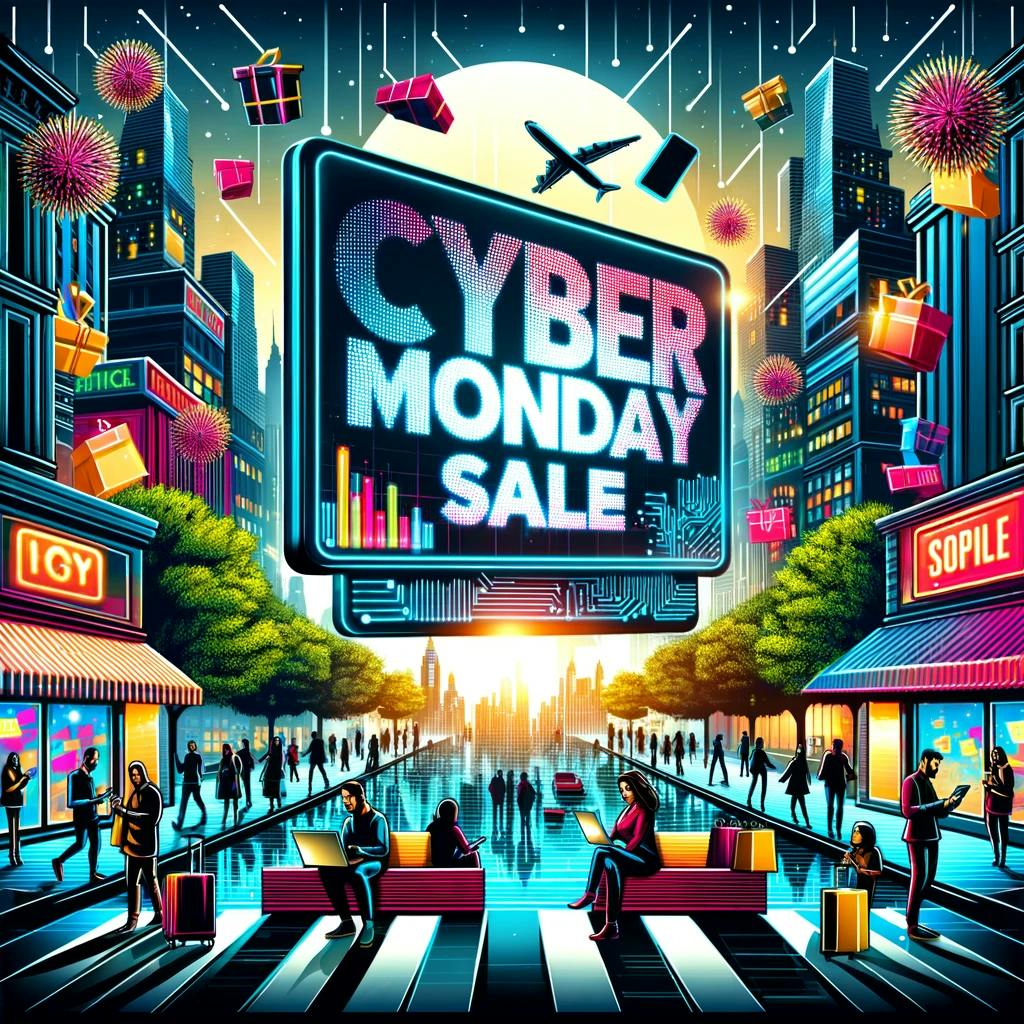 depicting the vibrant and modern essence of Cyber Monday, with a scene that includes a digital billboard and people engaged in online shopping activities depicting the vibrant and modern essence of Cyber Monday, with a scene that includes a digital billboard and people engaged in online shopping activities