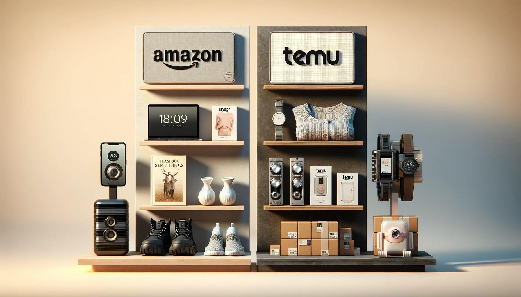 two shelfs from Amazon and Temu showing different types of items. two shelfs from Amazon and Temu showing different types of items.
