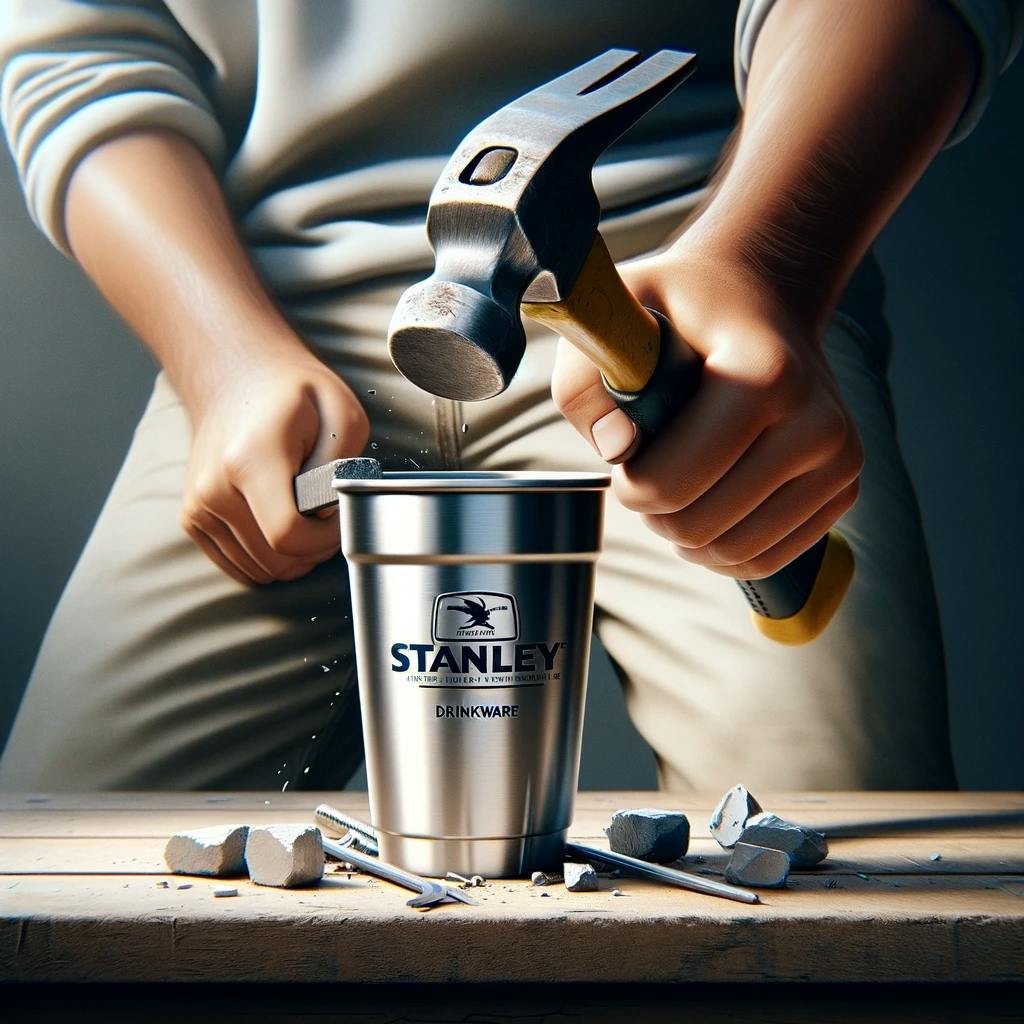 a person hitting the cup with a hammer, yet the cup remains intact a person hitting the cup with a hammer, yet the cup remains intact