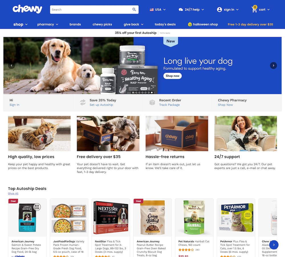 a page showing Chewy's online pet store
