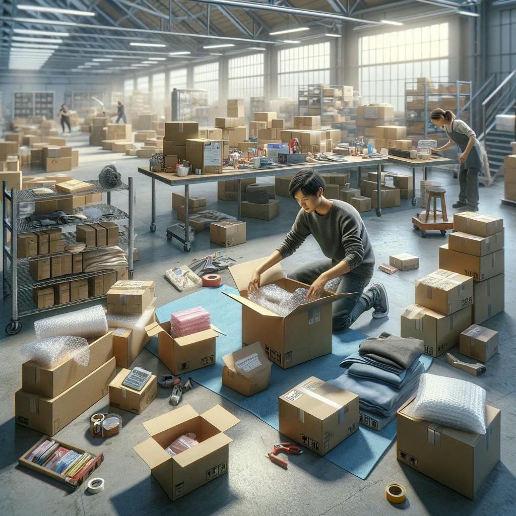 the process of consolidating multiple packages into one larger package in a warehouse setting.
