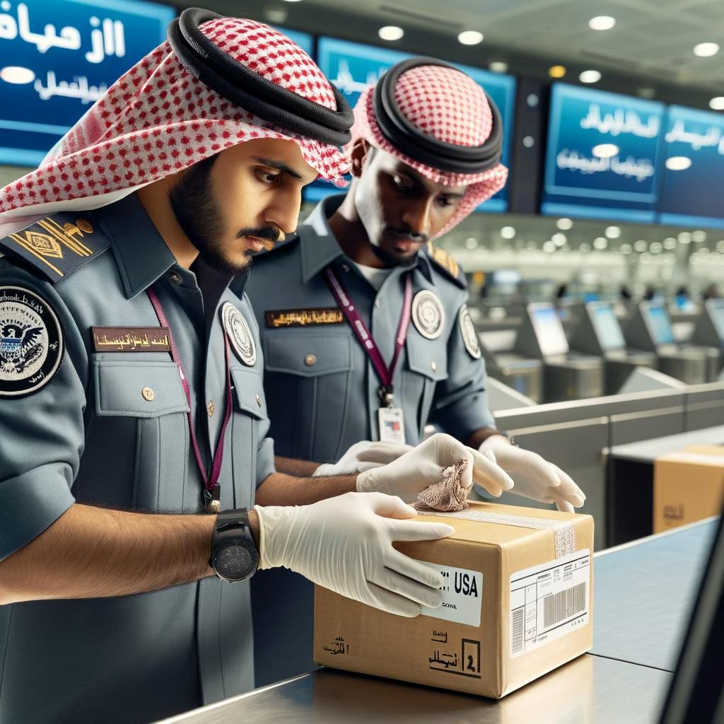 a package shipped to Qatar being inspected by customs officers at a Qatari airport