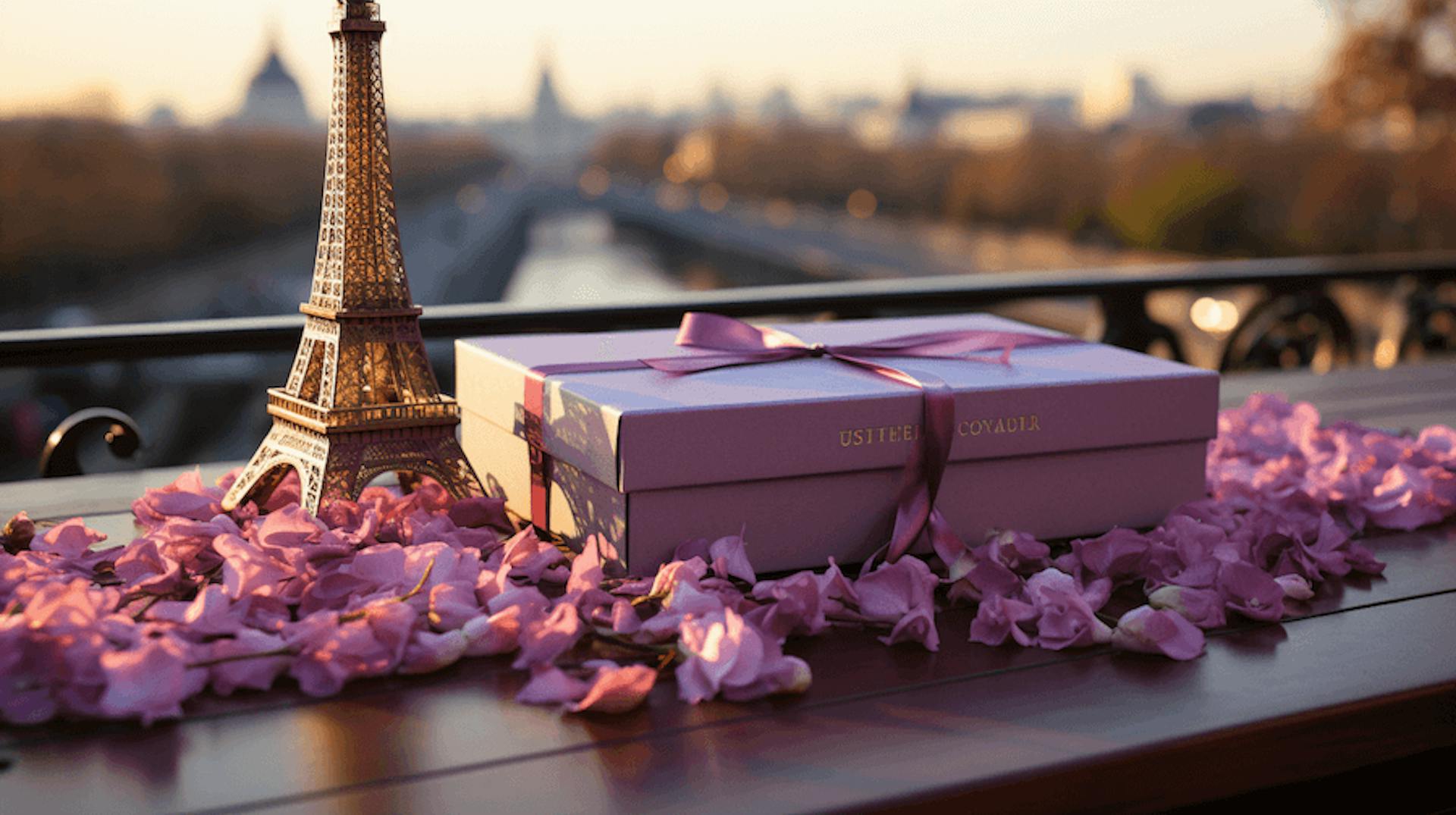 A miniature replica of the Eiffel Tower stands beside a lavender gift box with a ribbon