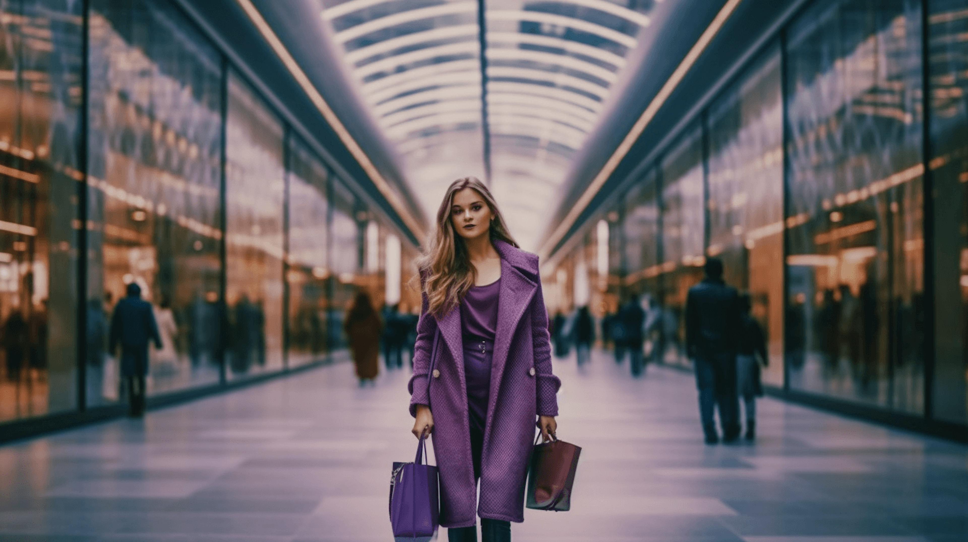 woman wearing purple coat inside shopping mall, in the style of moody color schemes