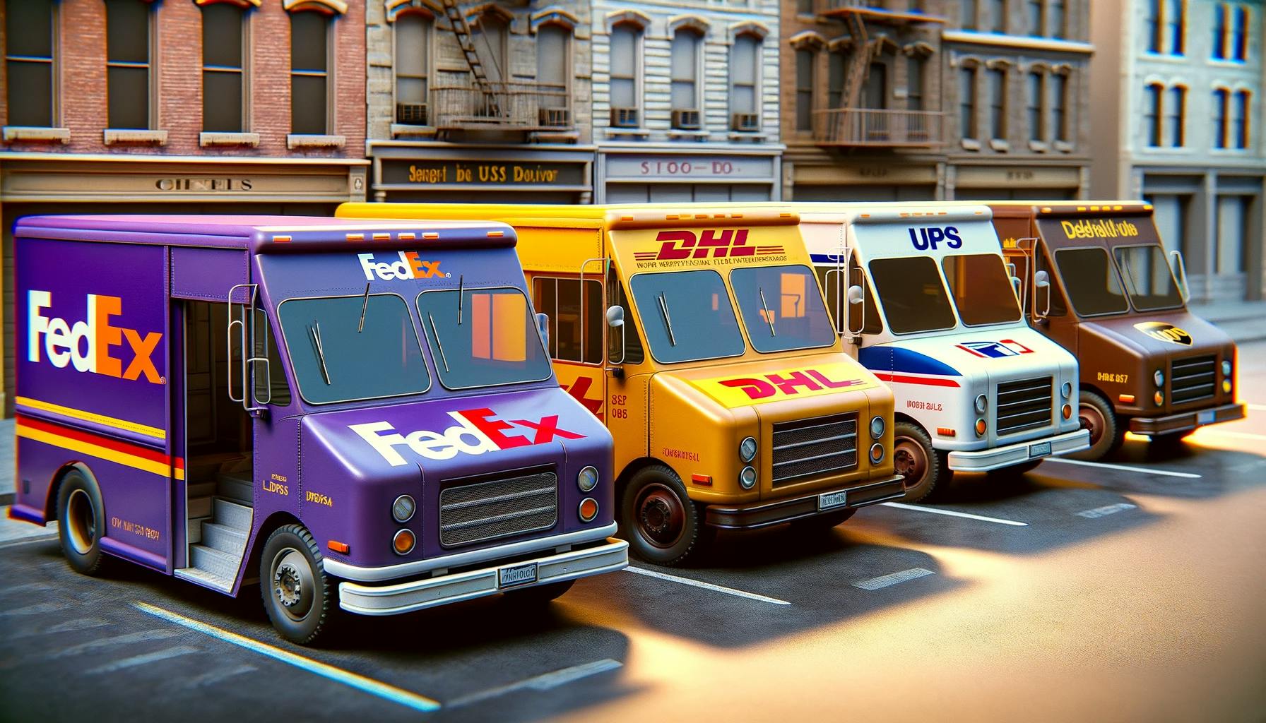 four delivery trucks, each representing a different major shipping company. four delivery trucks, each representing a different major shipping company.