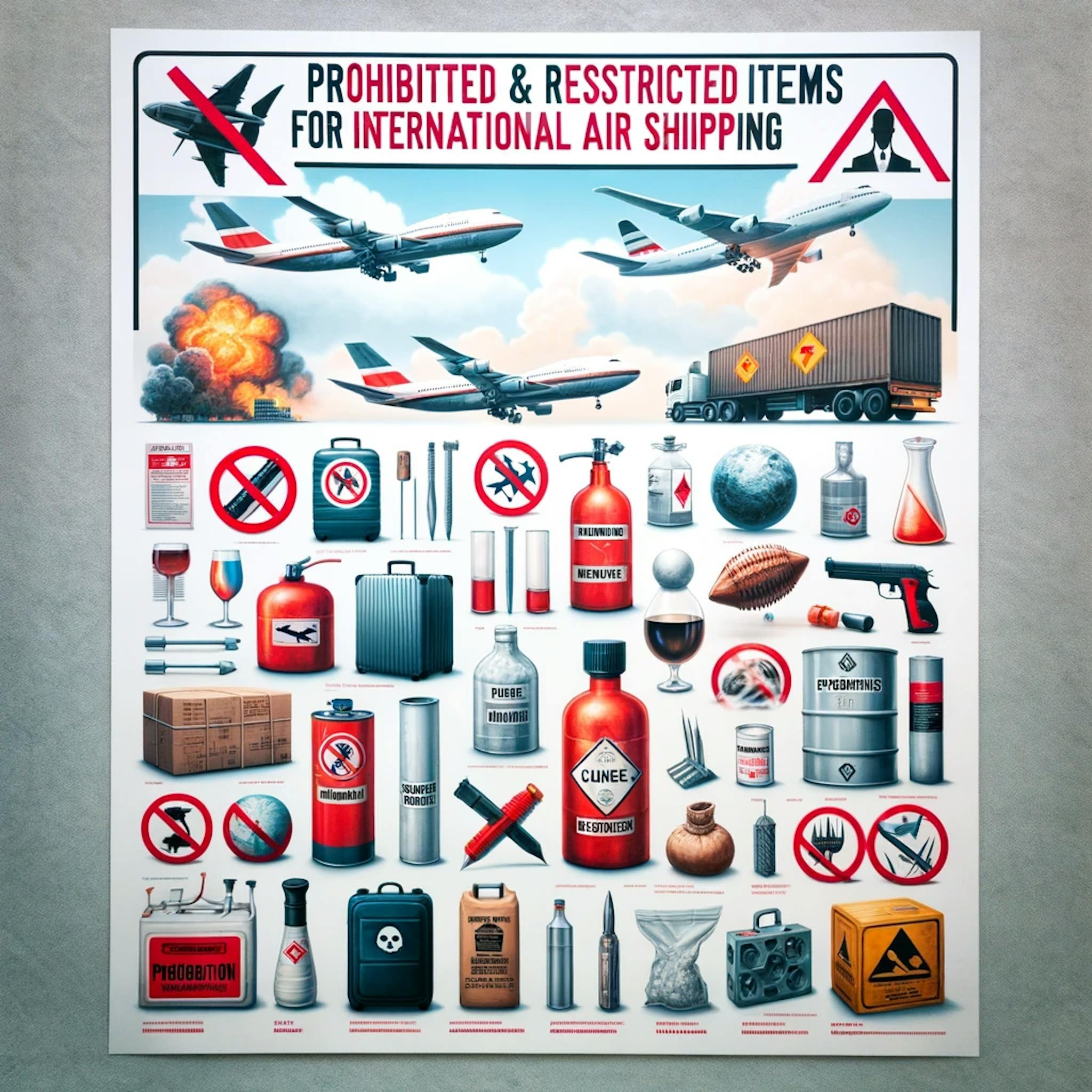 Poster showing prohibited and restricted items for international air shipping.