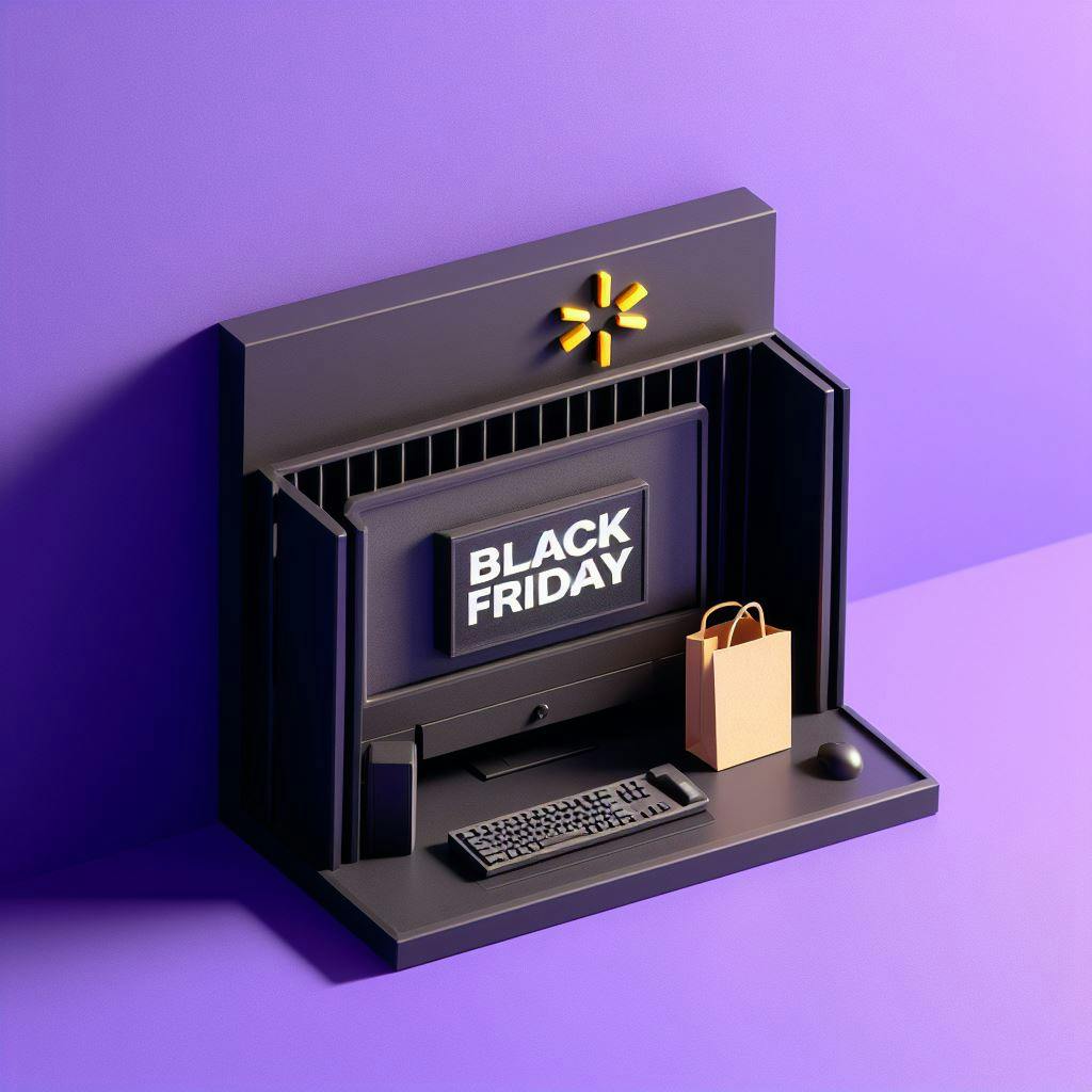 A black laptop and shopping package on a black desk with Walmart logo on it on a purple background. A black laptop and shopping package on a black desk with Walmart logo on it on a purple background.