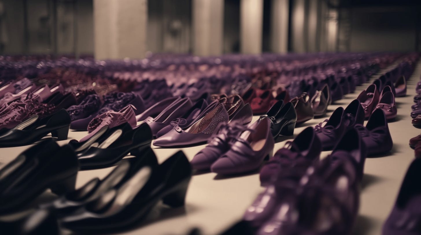 A group of fashion shoes are displayed together in a variety of shades of purple.