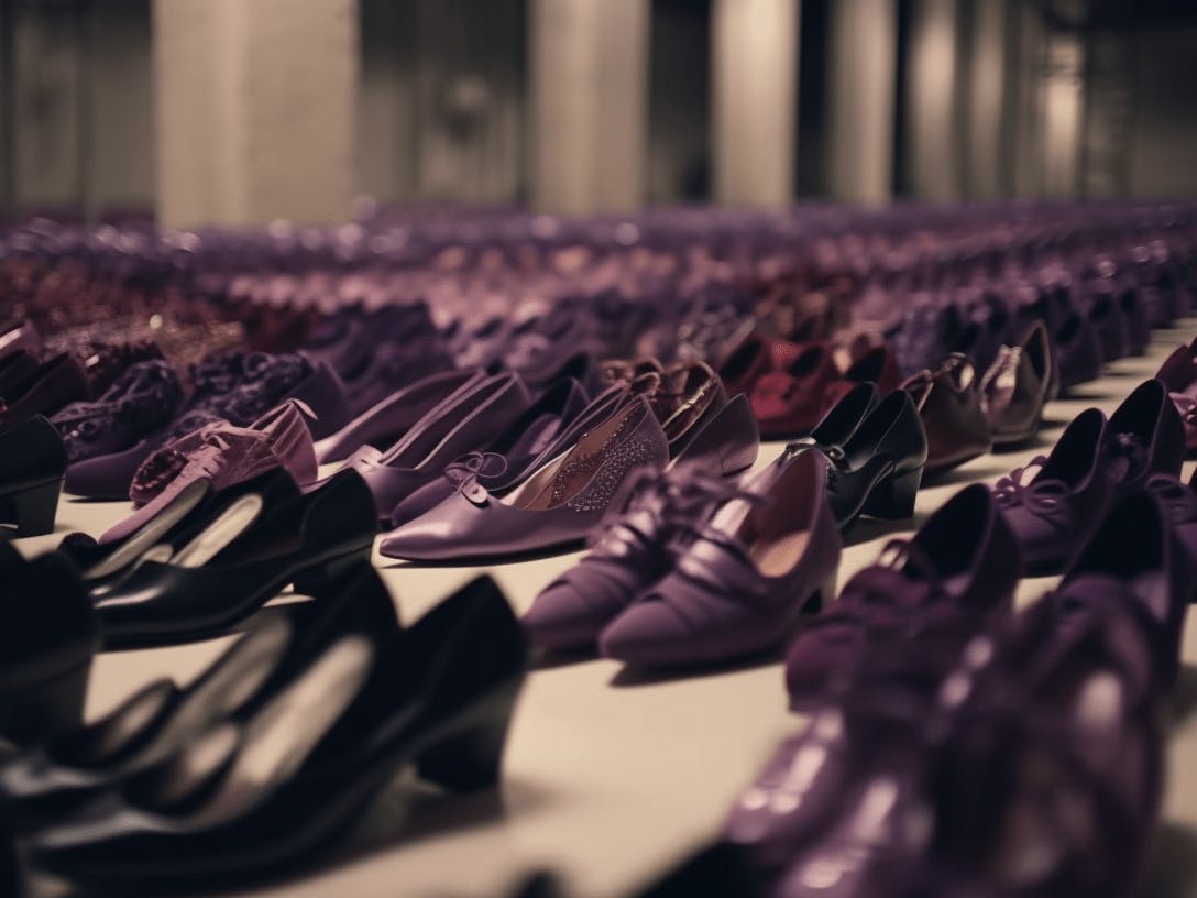 so many women shoes, purple tones, fashion design, wide angle