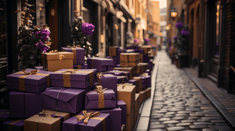 Numerous purple and gold gift boxes, adorned with golden ribbons, are stacked along a cobblestone street. 