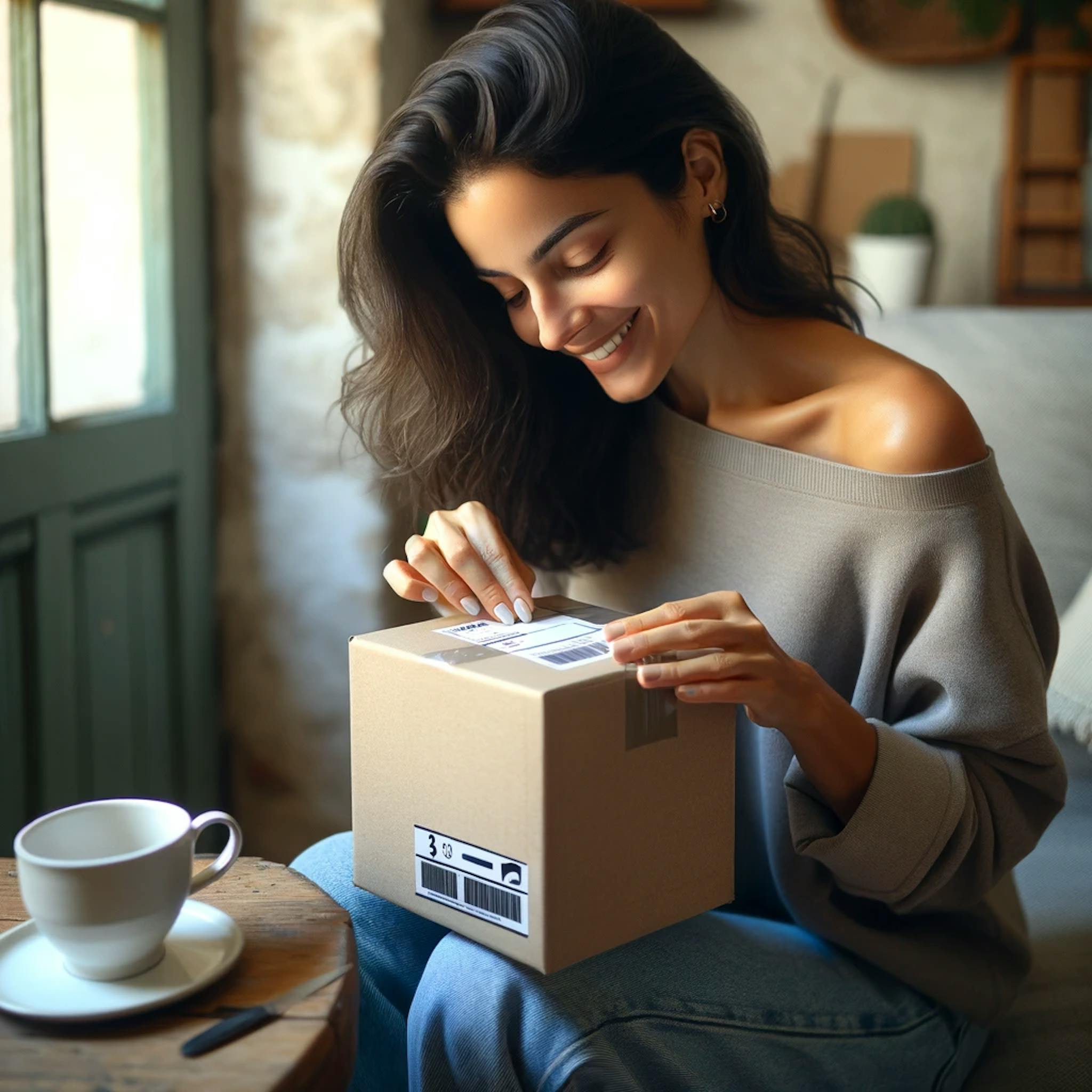 A Brazilan woman opening a package delivered from Forwardme. 