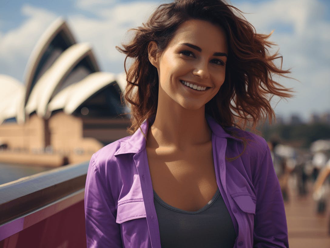 attractive young woman with grey jacket and blue sydney opera house in background