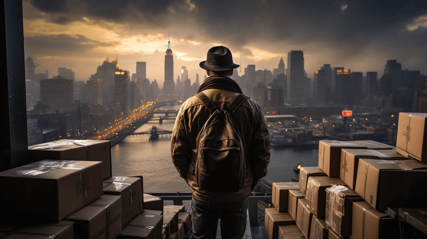 A man standing between two pile of packages in front of a view. 