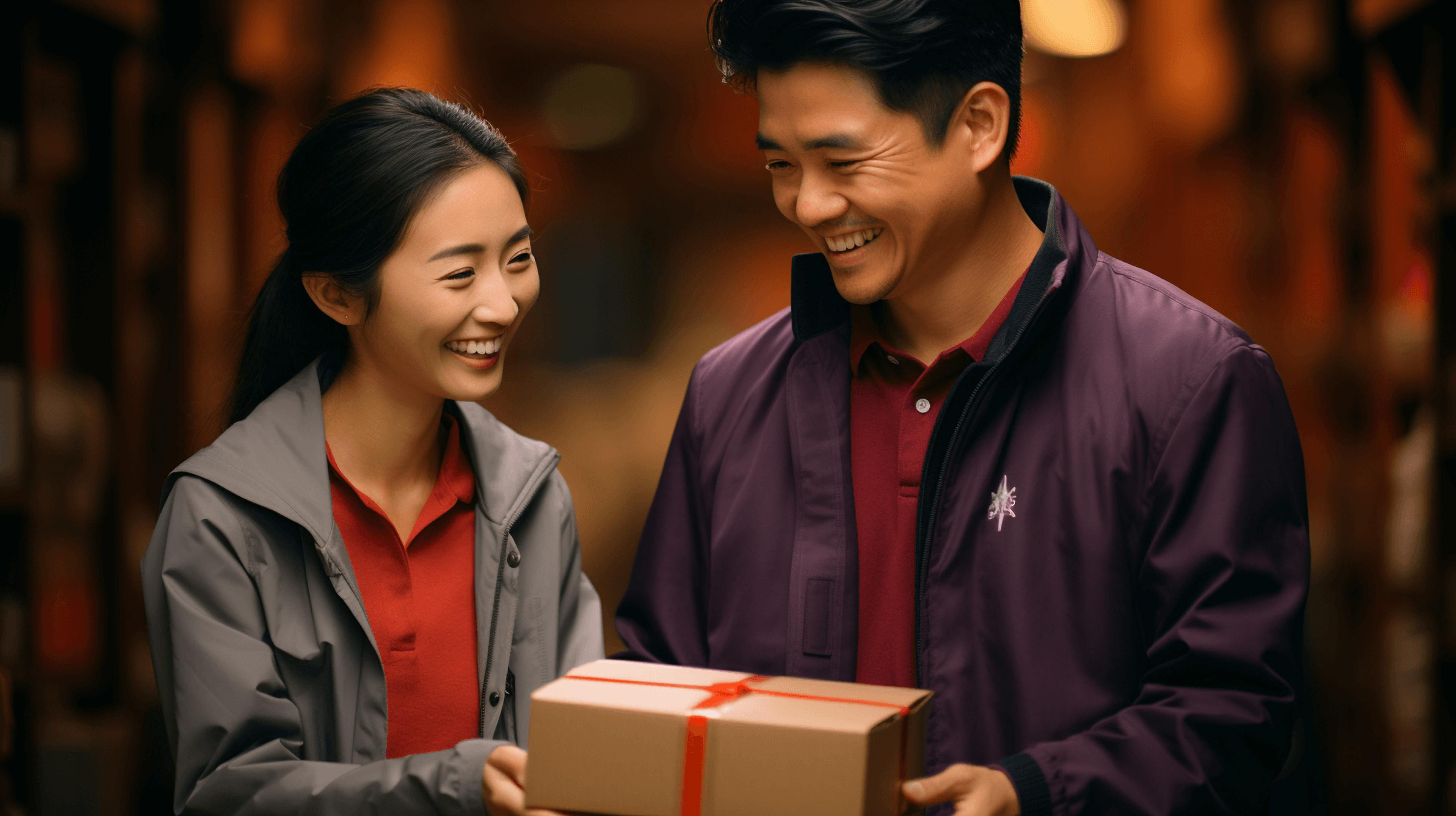 a man and woman are holding a red gift box