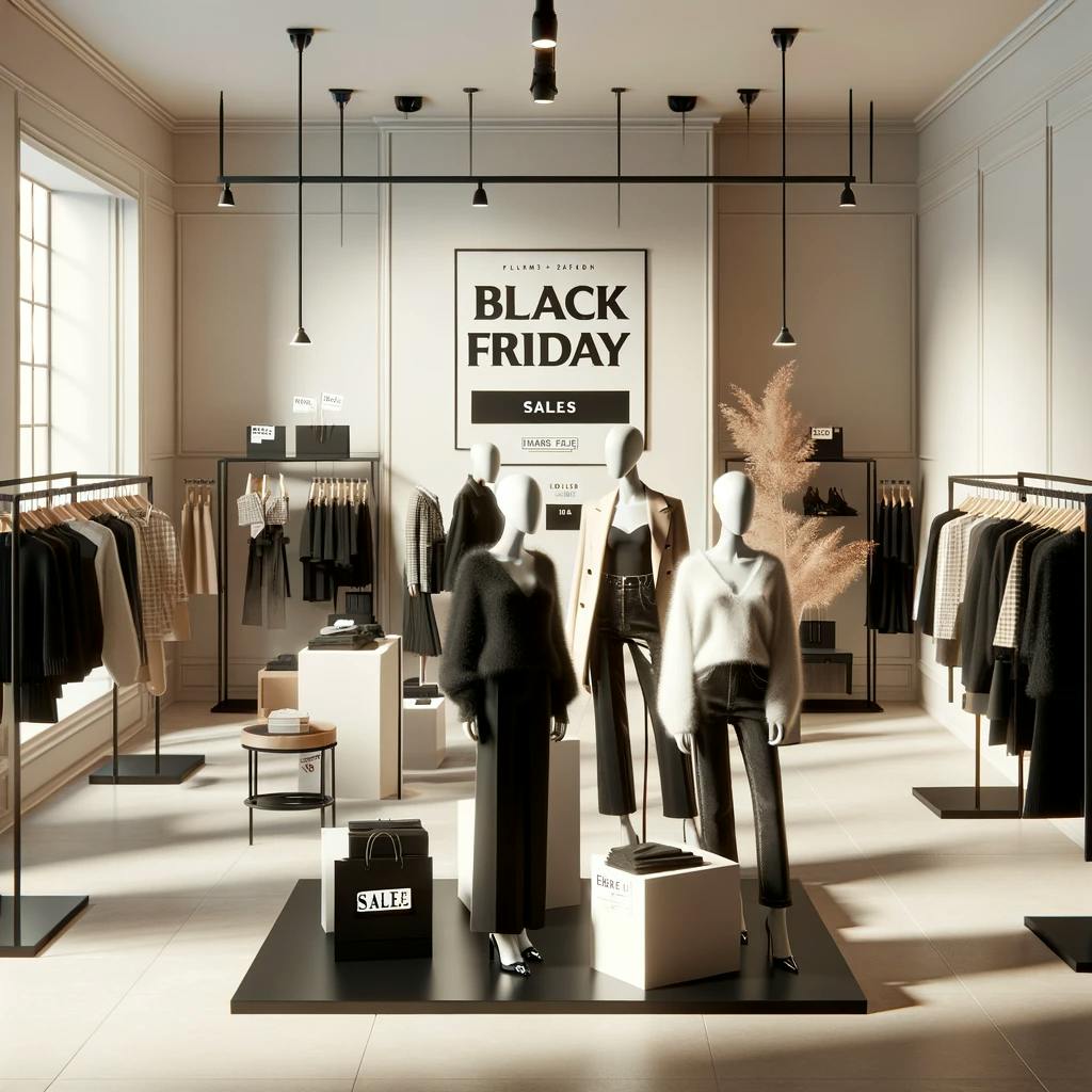 minimalist and realistic scene of Black Friday deals and sales in a fashion retail setting.