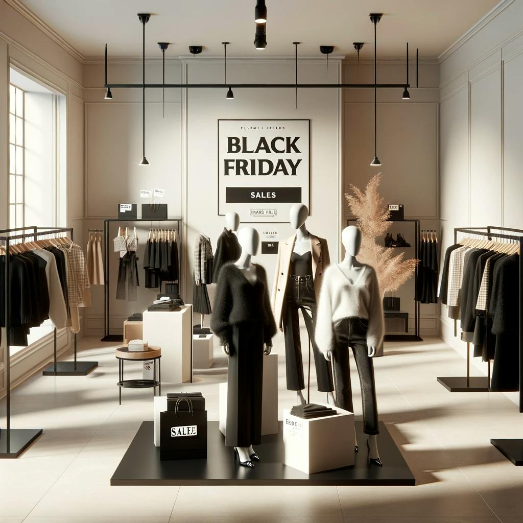 minimalist and realistic scene of Black Friday deals and sales in a fashion retail setting. minimalist and realistic scene of Black Friday deals and sales in a fashion retail setting.