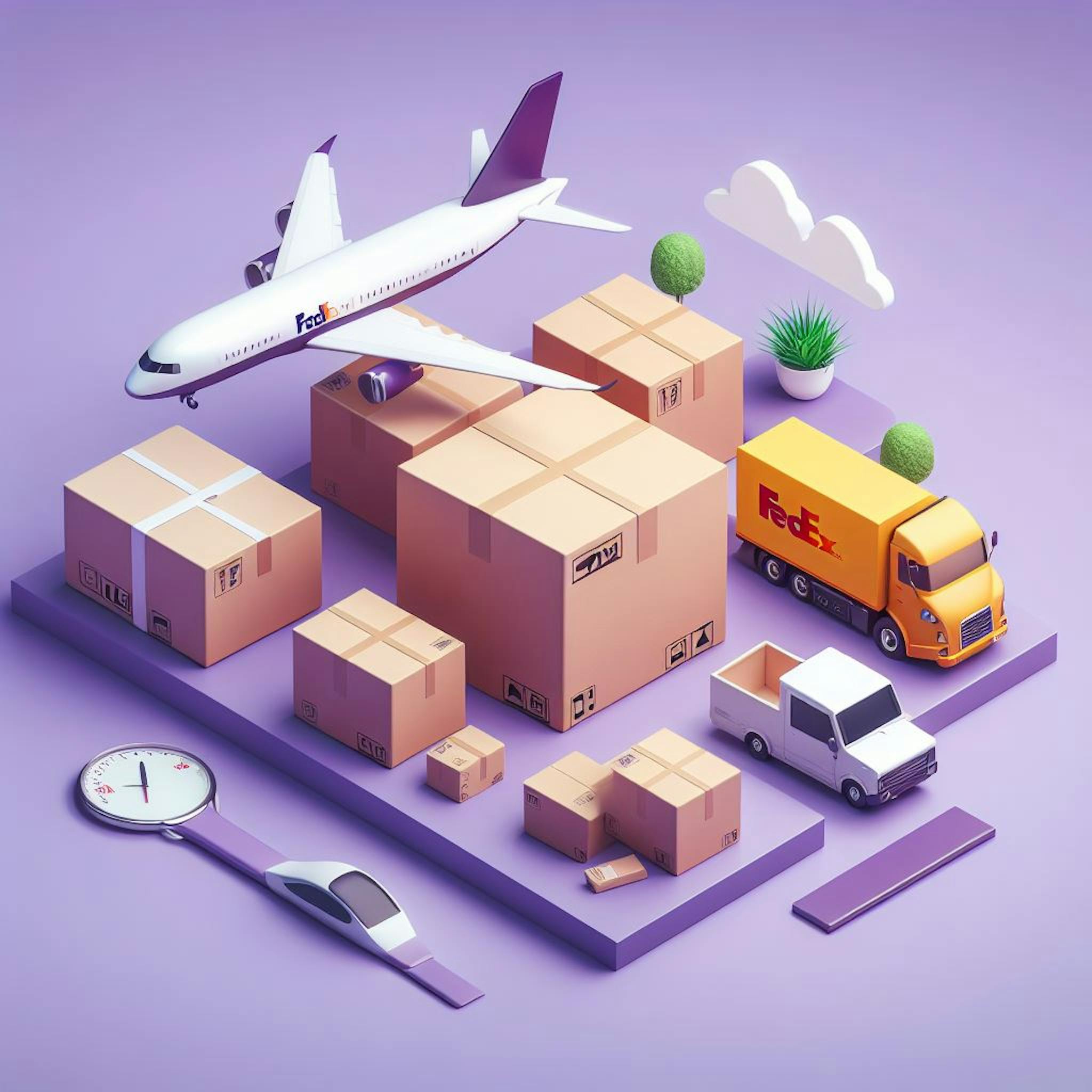 A plane flying over shipping packages two courier truck on the image. 