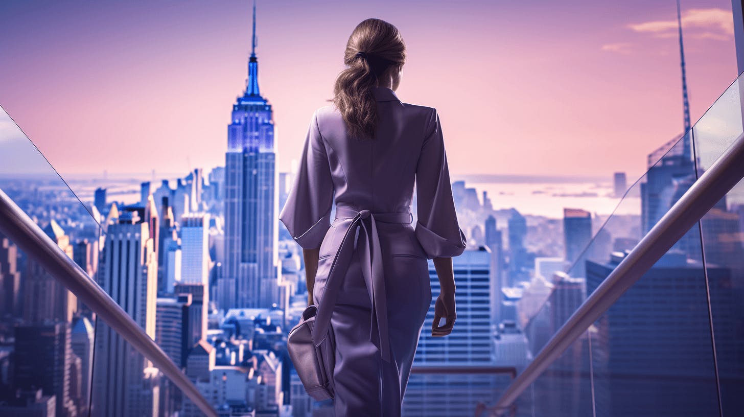 a woman looking over the empire state building and new york city stock photo