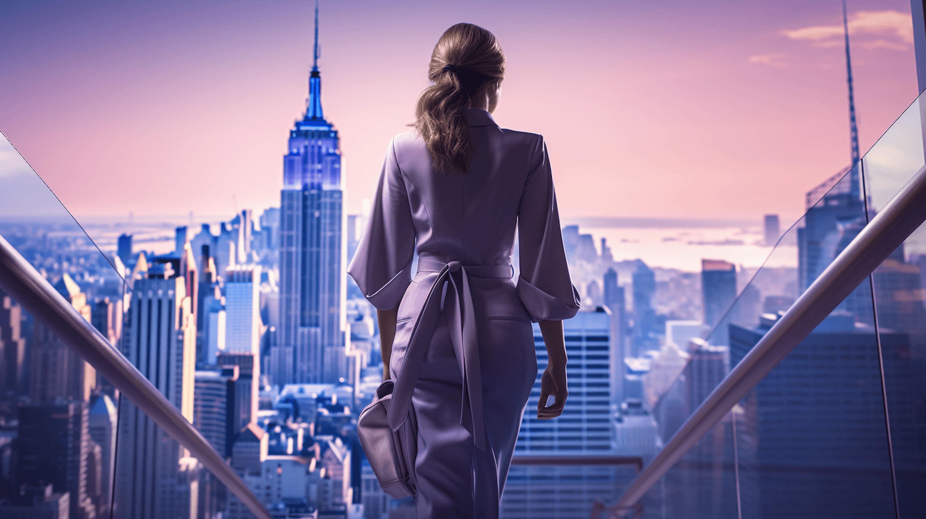 a woman looking over the empire state building and new york city stock photo