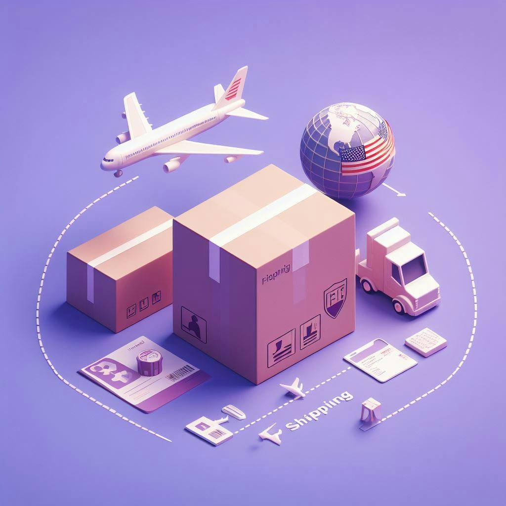 A airplane flying over two shipping packages, paperwork, and miniature world. A airplane flying over two shipping packages, paperwork, and miniature world.