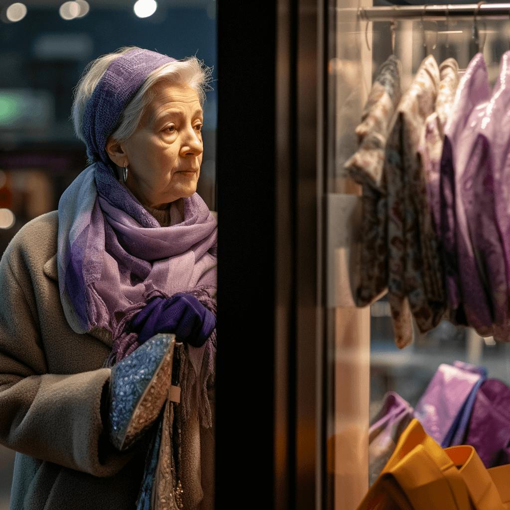 an older woman standing next to a shop window