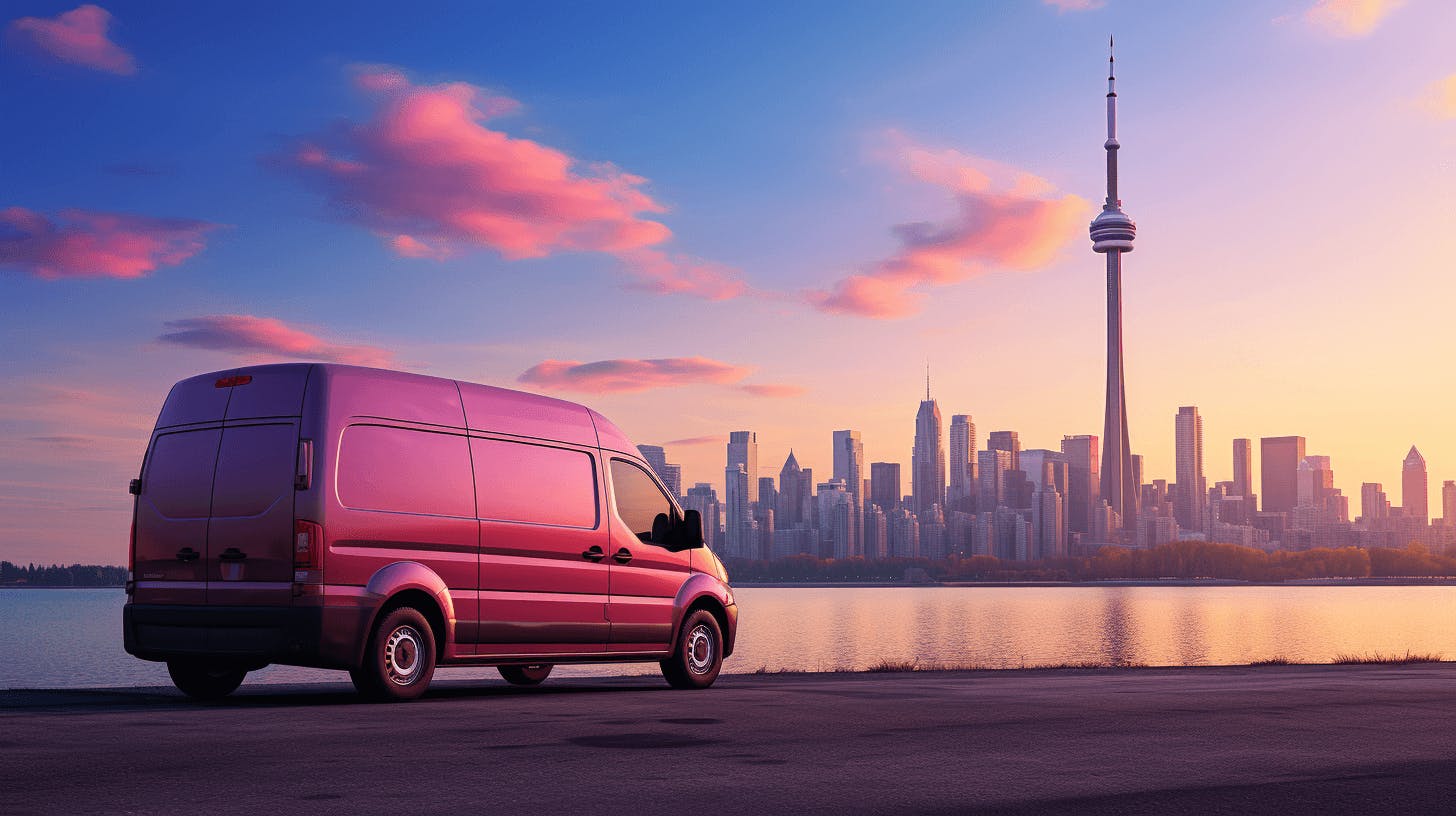 pink van driving on front street near city