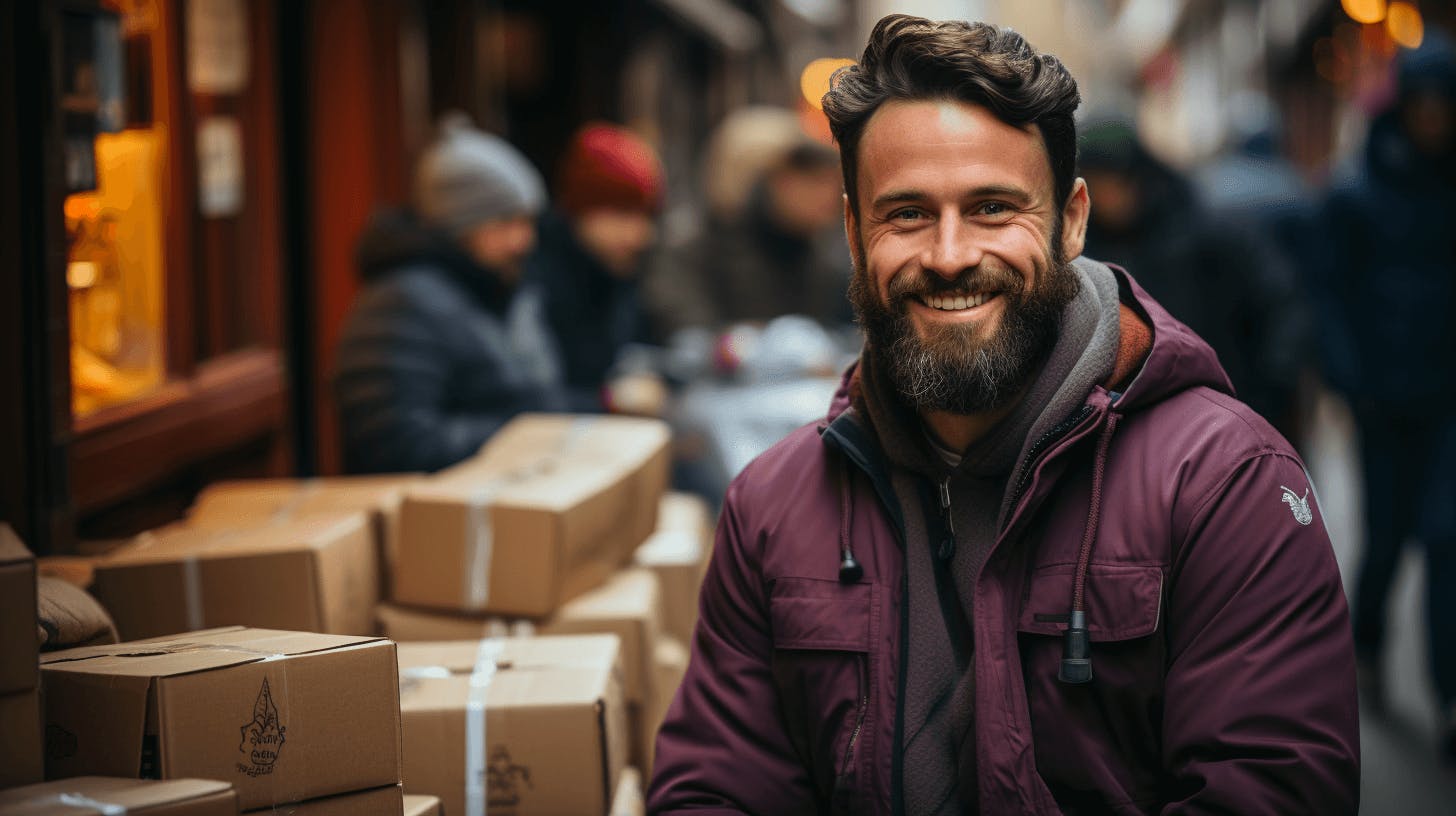 Sakallı bir adam sokağın ortasında, bir sürü gönderi paketinin yanına gülümseyerek duruyor. 