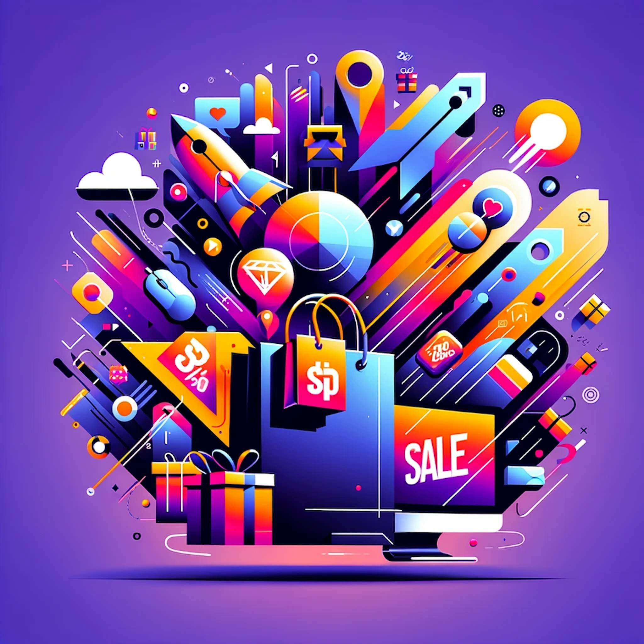 icons like a vibrant shopping bag, a bright sale tag, an enthusiastic crowd, and digital elements for online shopping