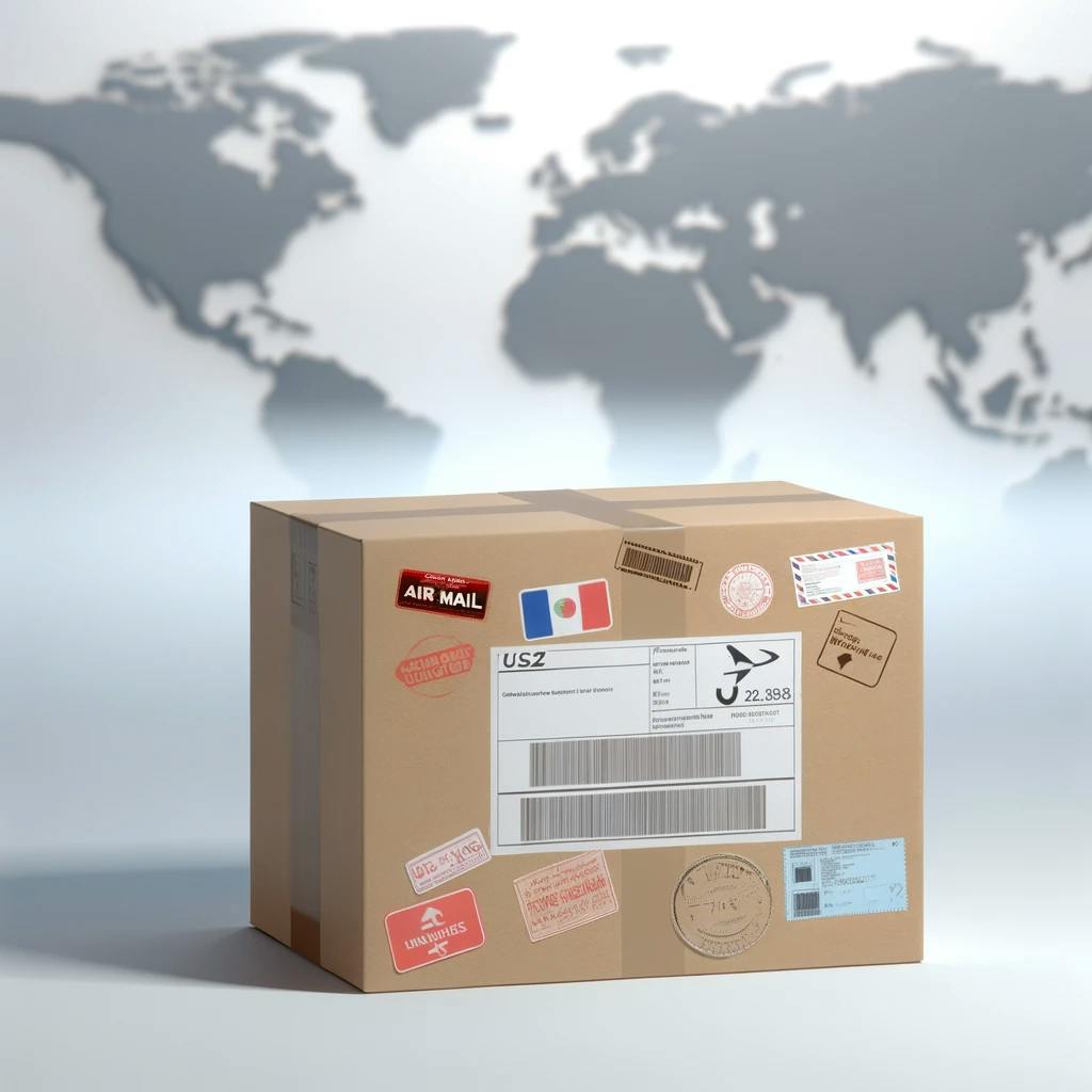 A package in front of world map implying international shipments.