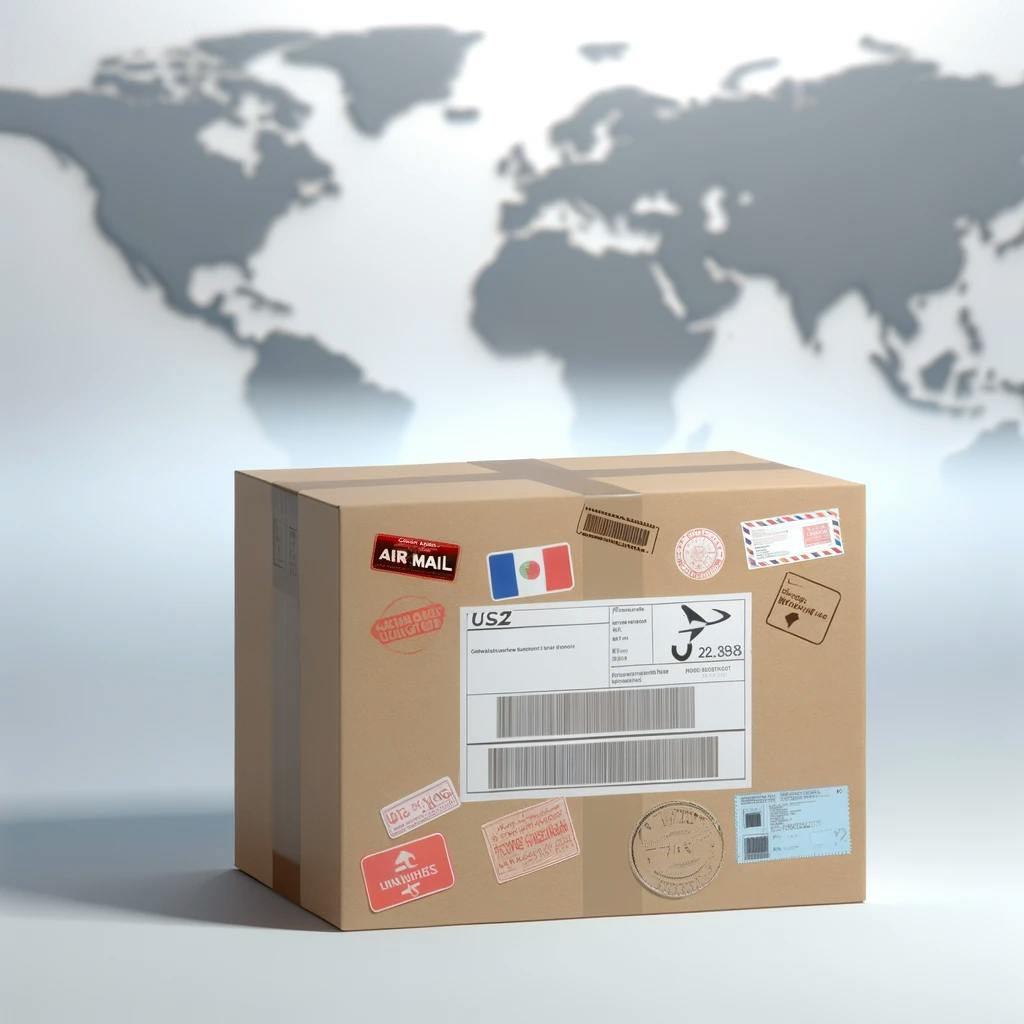 A package in front of world map implying international shipments. A package in front of world map implying international shipments.