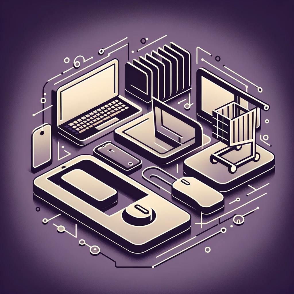 icons of laptops in various positions, a computer mouse, and a shopping cart, all depicted in a simple, geometric style. icons of laptops in various positions, a computer mouse, and a shopping cart, all depicted in a simple, geometric style.