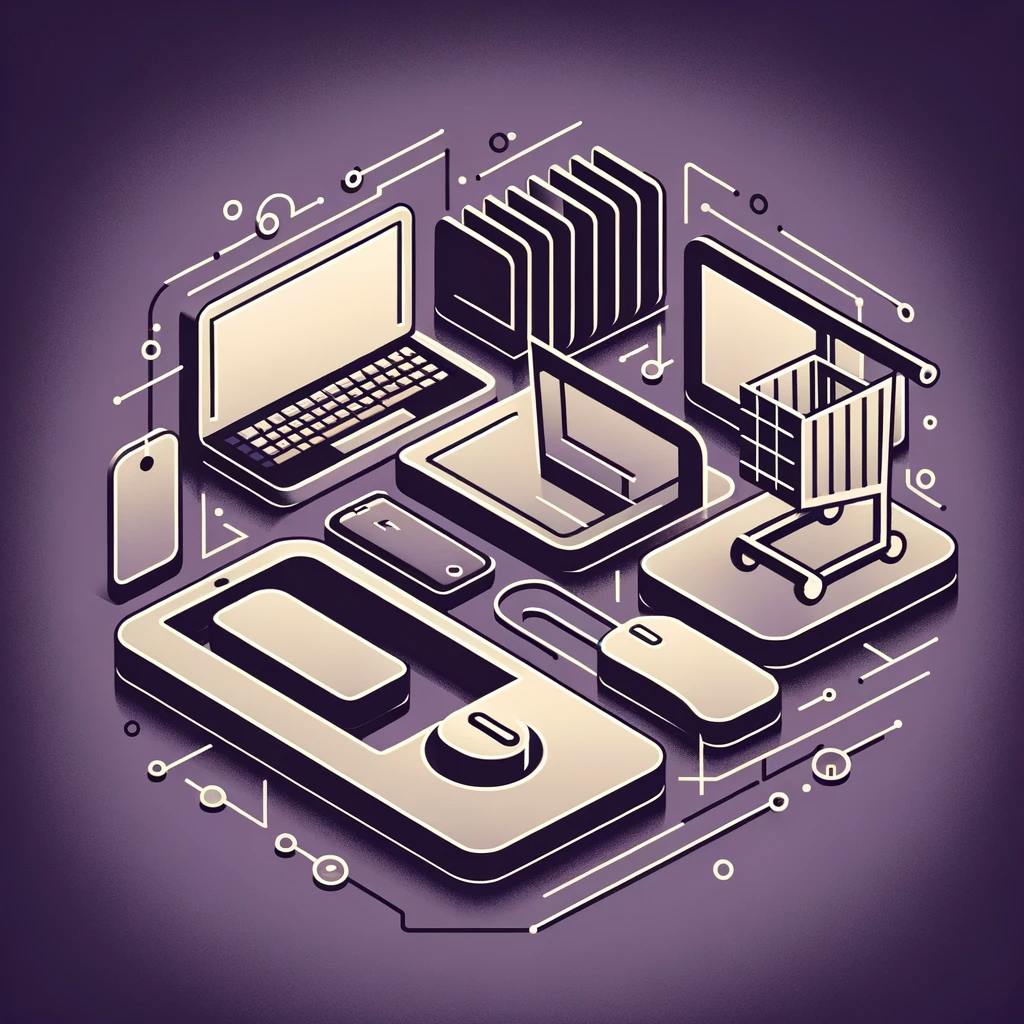 icons of laptops in various positions, a computer mouse, and a shopping cart, all depicted in a simple, geometric style.