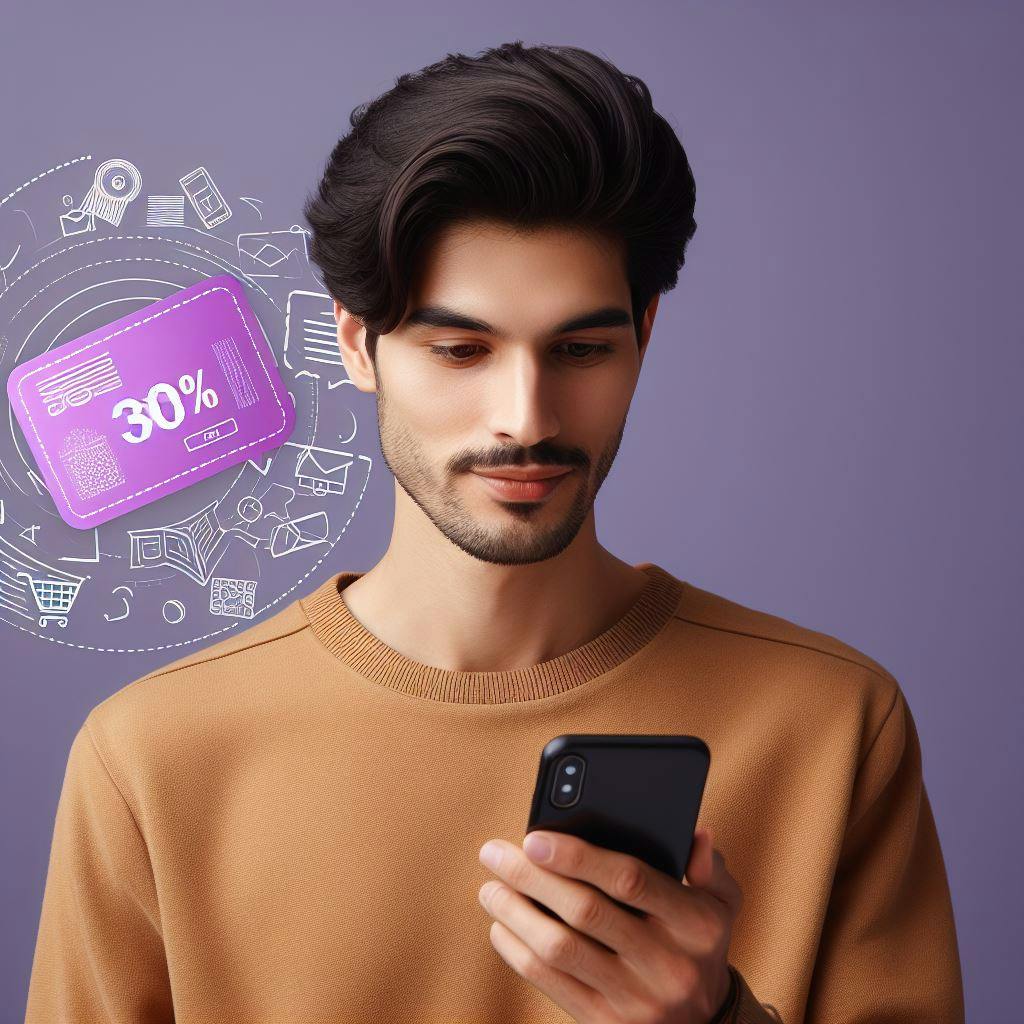 A person holding a phone, using a 30% discount code on the purchase. 