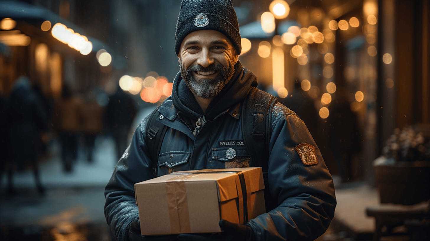 a men wearing winter coats holding a package in his hands