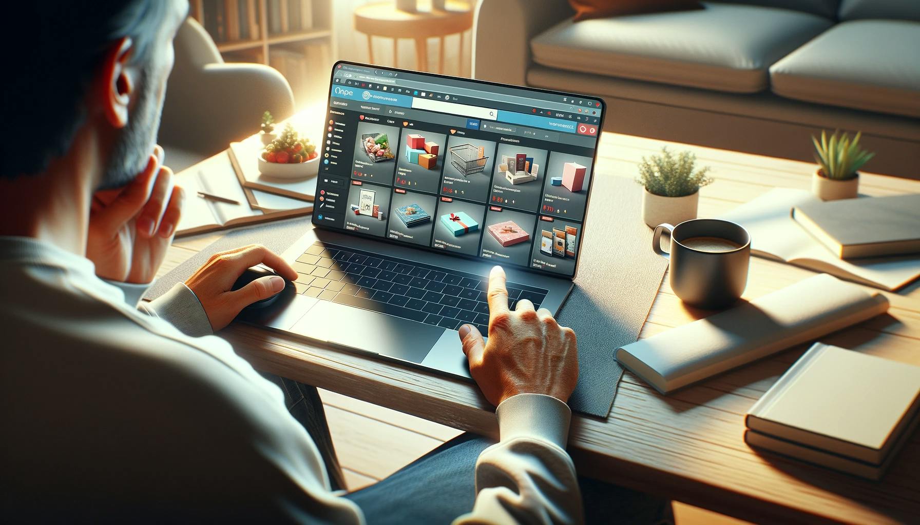 a person engaging in shopping through a laptop in a comfortable home setting. a person engaging in shopping through a laptop in a comfortable home setting.