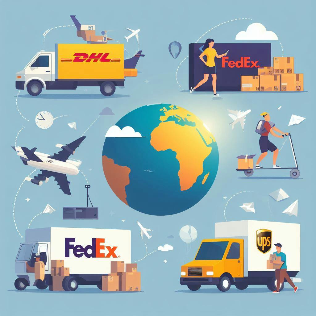 Different shipping services from FedEx, DHL and UPS shown in the trucks while people carrying packages. 