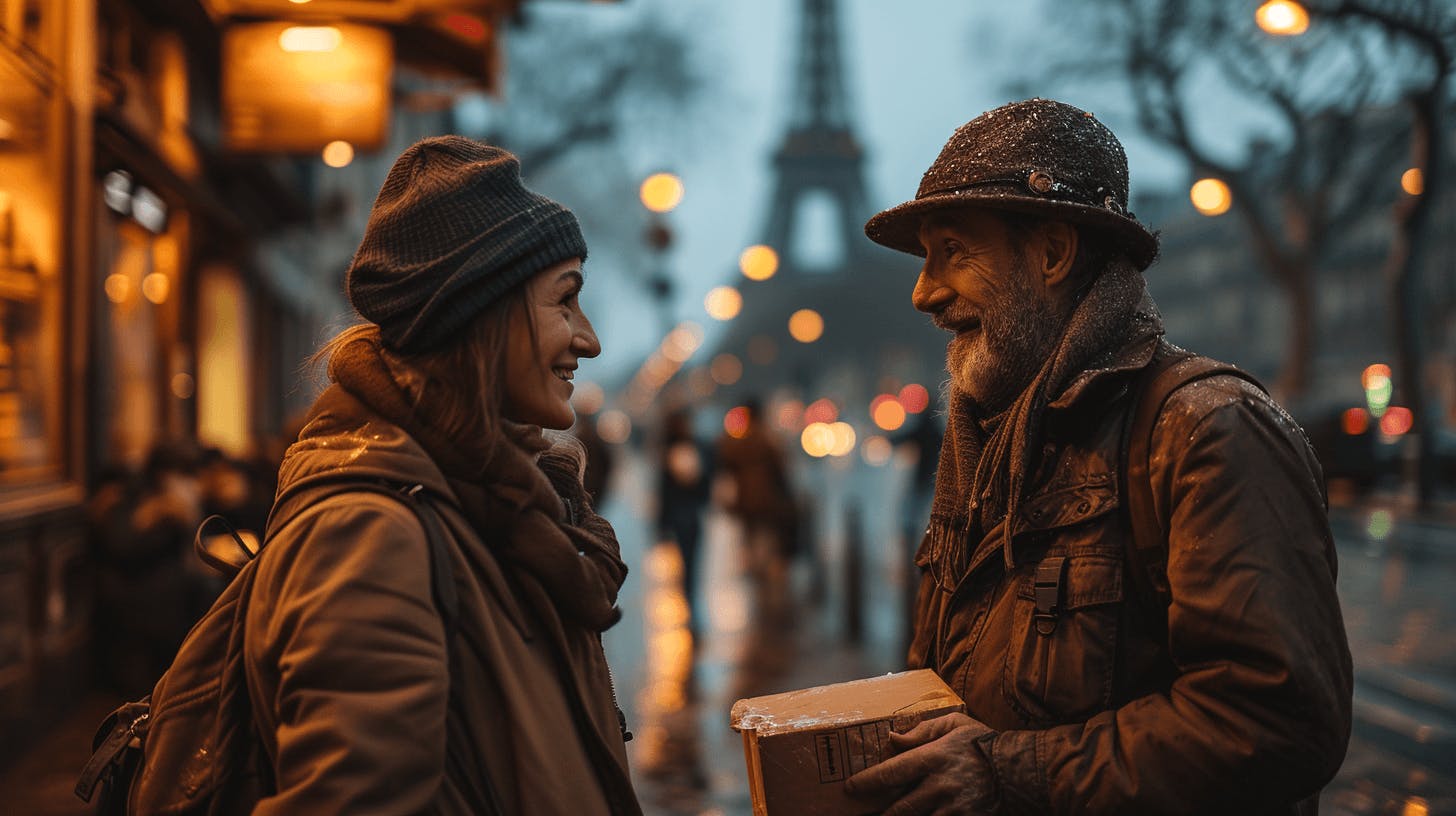 Ein Mann, der ein Versandpaket hält, blickt lächelnd auf eine Frau in seiner Nähe.