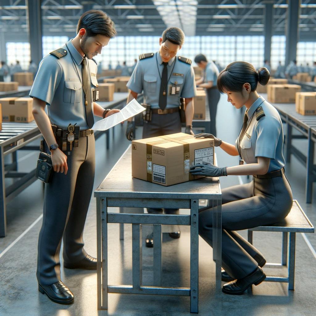 a package being inspected by customs officers in Hong Kong.
