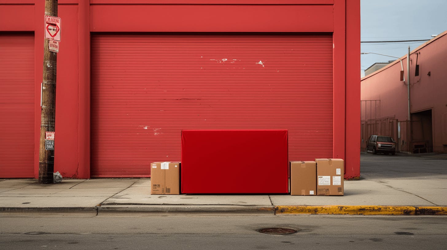 a red box sitting on the ground beside the street