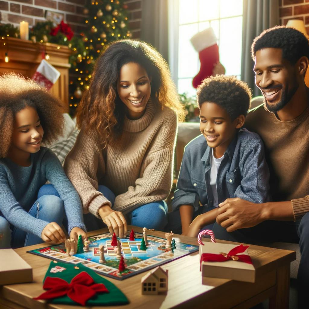 a happy American family sitting together and playing a board game in a Christmas-themed living room