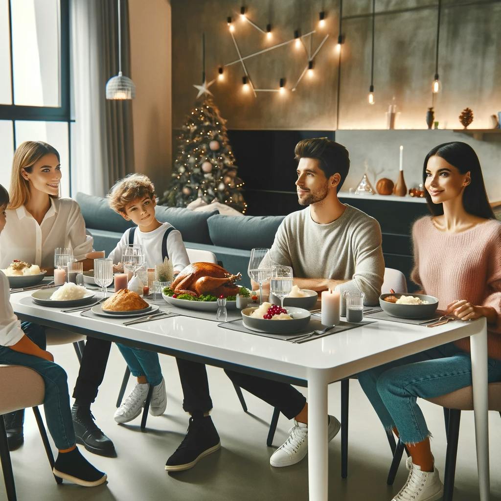 a modern American family gathered for a Christmas meal in a contemporary dining room setting.