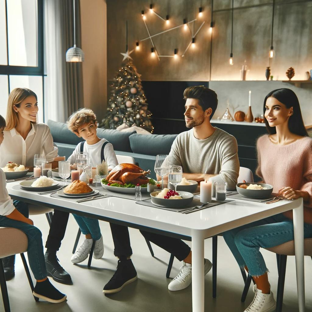 a modern American family gathered for a Christmas meal in a contemporary dining room setting. a modern American family gathered for a Christmas meal in a contemporary dining room setting.