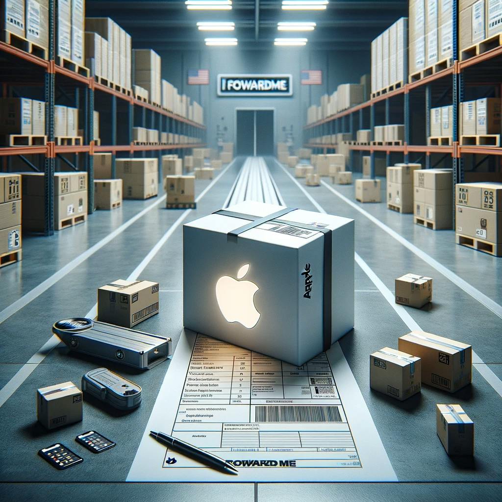 A package from Apple is being prepared in the Forwardme warehouse to be shipped internationally. A package from Apple is being prepared in the Forwardme warehouse to be shipped internationally.