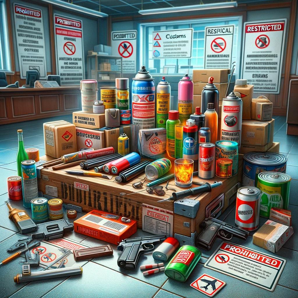 image showing a variety of prohibited and restricted items that are not allowed to be shipped internationally image showing a variety of prohibited and restricted items that are not allowed to be shipped internationally