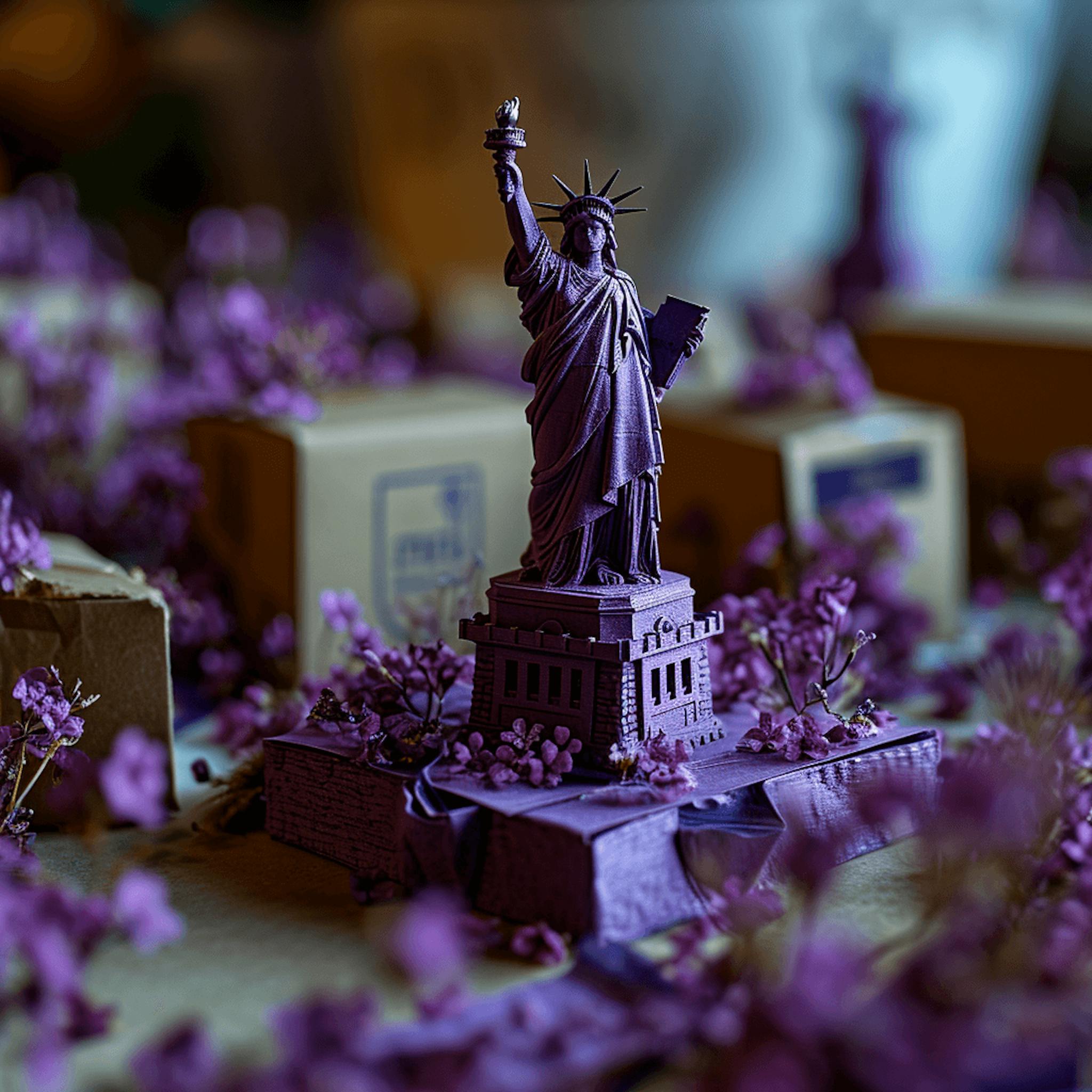 a statue of liberty is sitting next to boxes of purple flowers