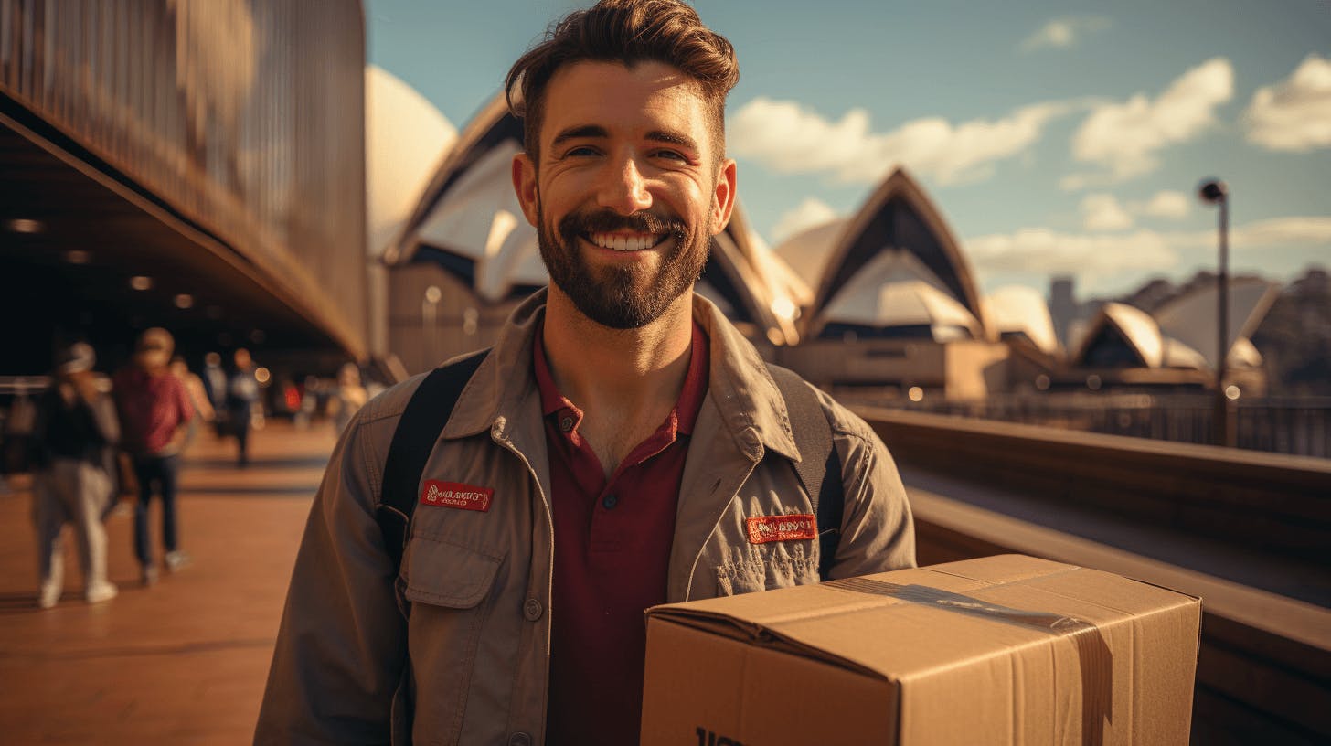 a young man holding a package in front of Sydney opera house, Australia