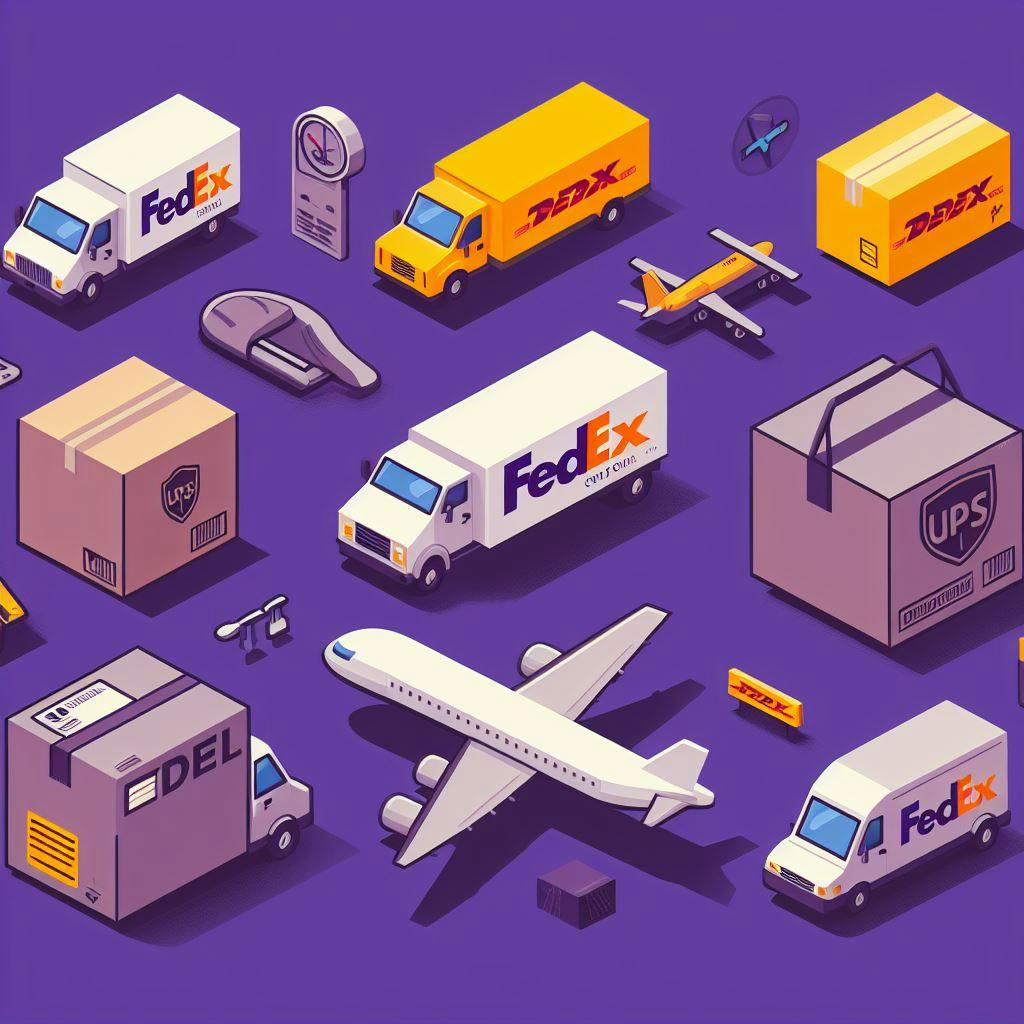 FedEx DHL and UPS trucks shows the work they do on a purple background. 